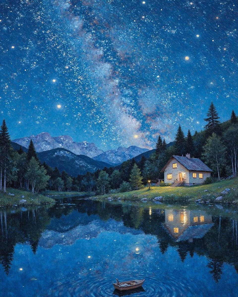Starlit Lake Cabin – Paint by Numbers Kit