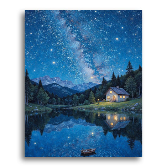 Starlit Lake Cabin – Paint by Numbers Kit