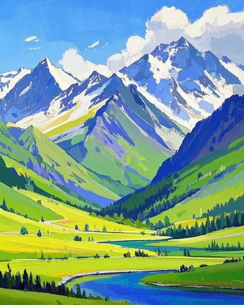 Snowcapped Mountain Valley – Paint by Numbers Kit