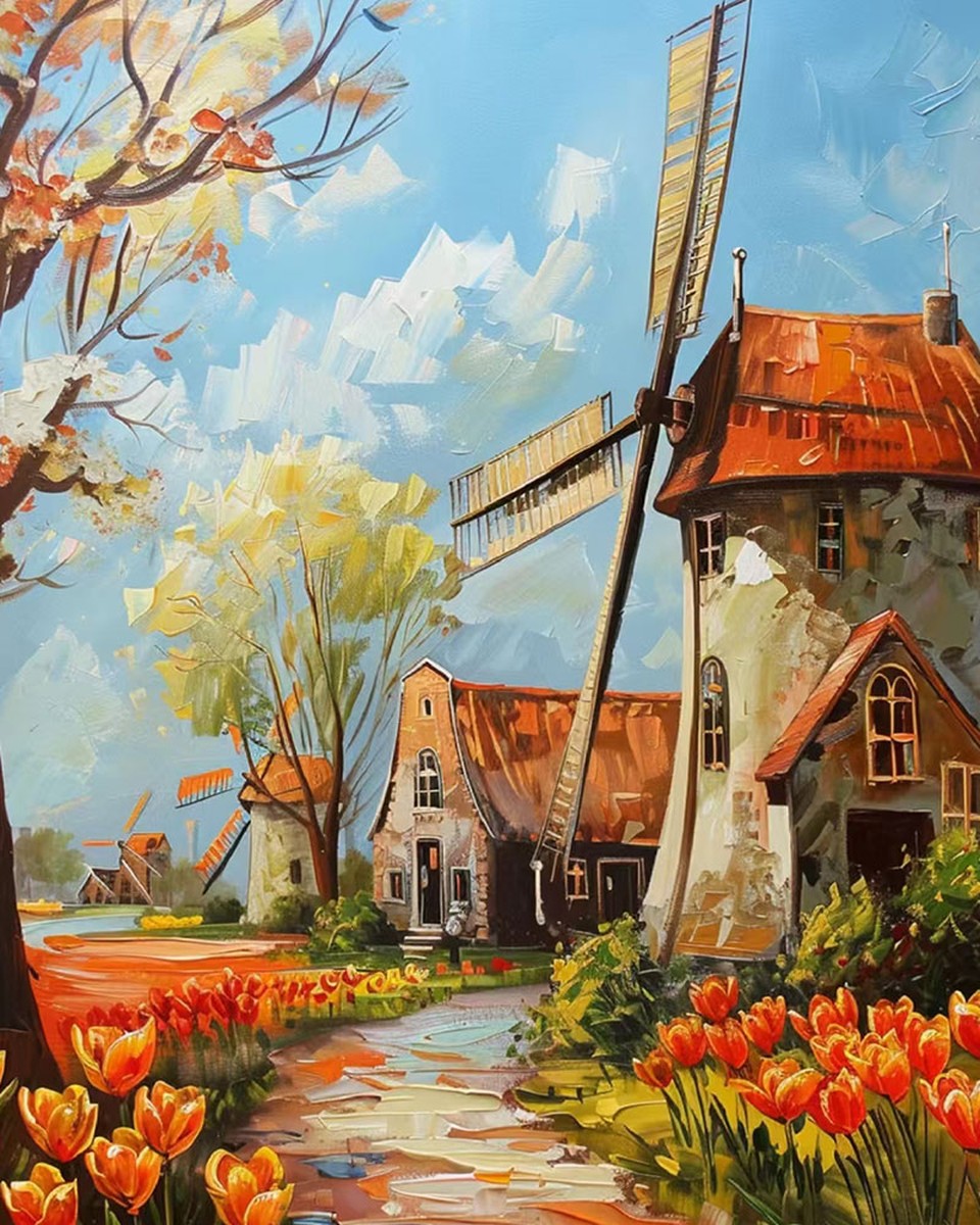 Tulip Field Windmills – Paint by Numbers Kit