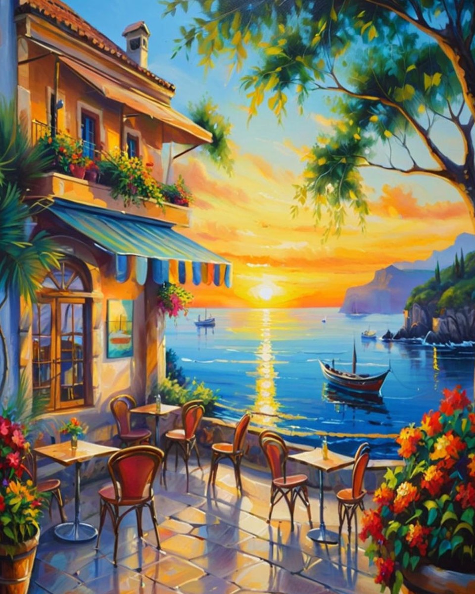 Sunset Coastal Cafe – Paint by Numbers Kit